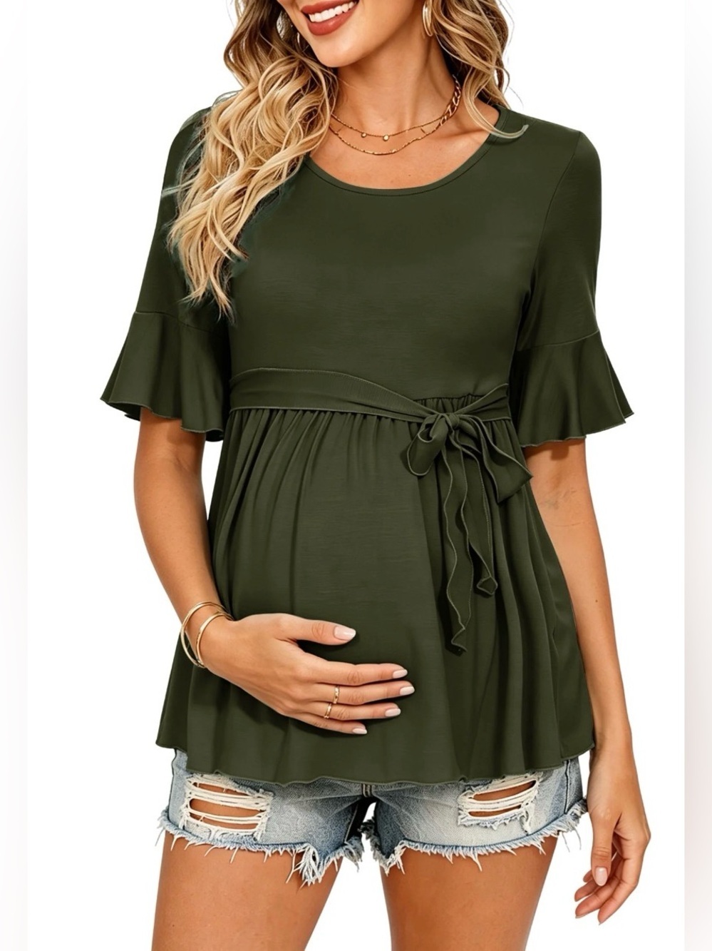 Wooxio Olive Green Maternity Tie-Waist Ruffle Sleeve Top